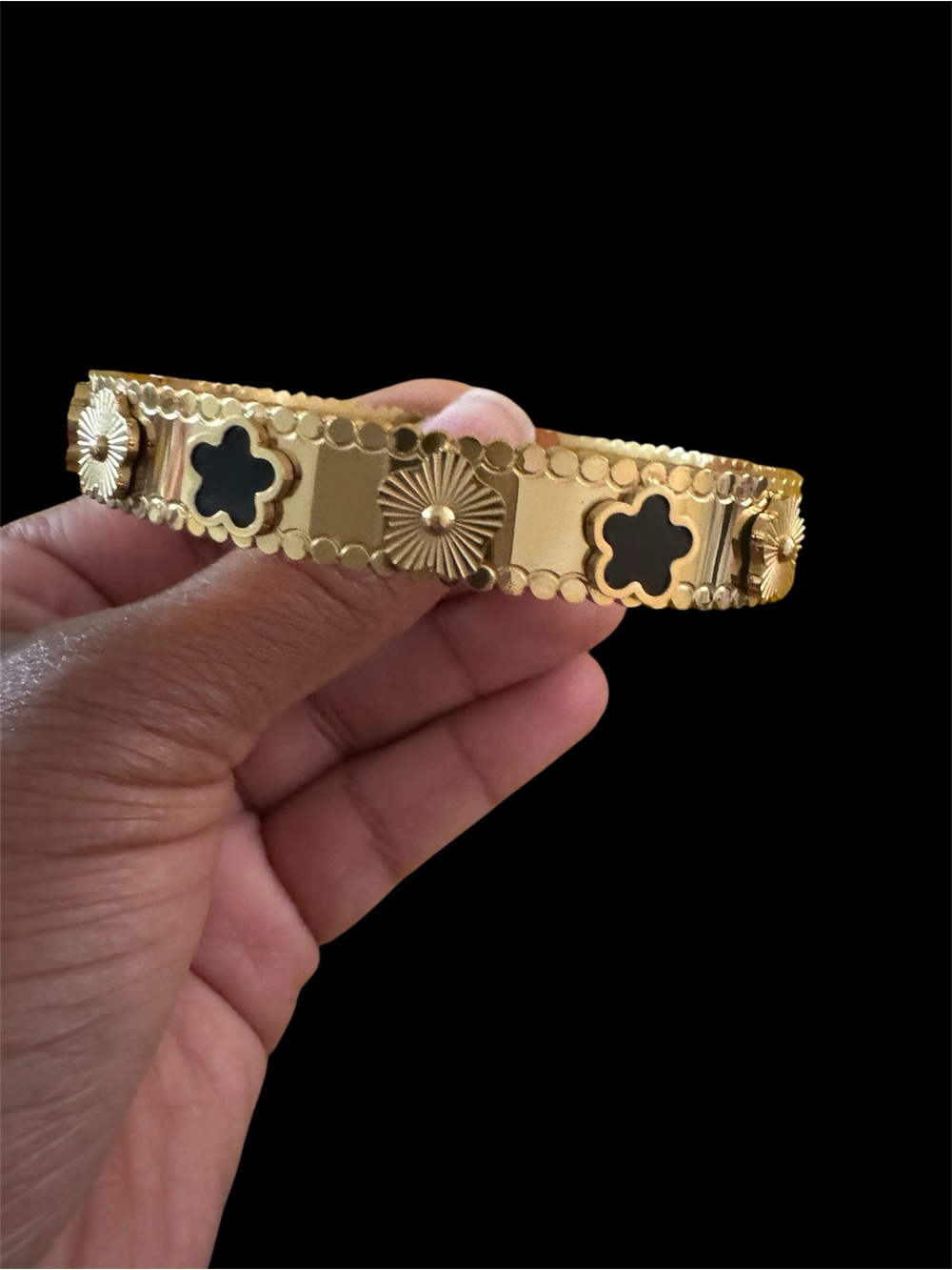Gold Floral Accent Bangle Bracelet with Black Inset